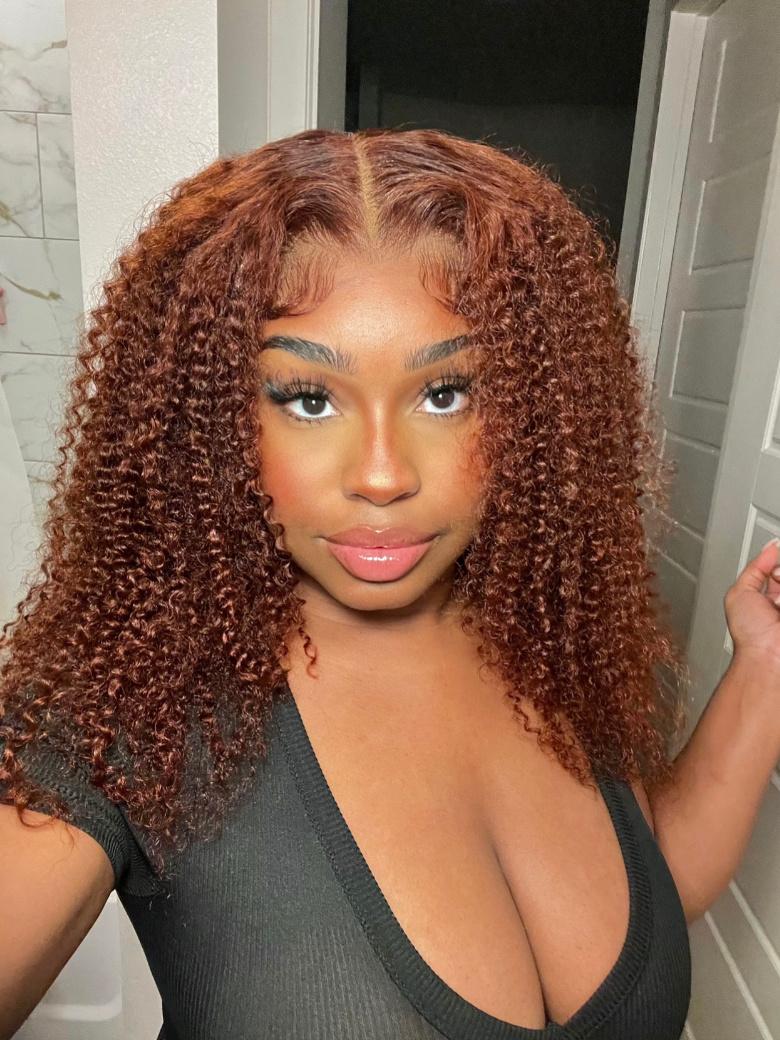 7x5 Bye Bye Knots Wig Glueless Lace Reddish Brown Kinky Curly Bleached Knots Wig 150% Density