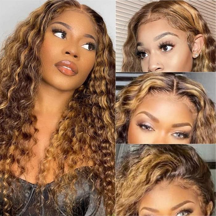 Sunflower Color Honey Blonde Highlighted 13x4 Transparent Lace Front Water Wave Wig