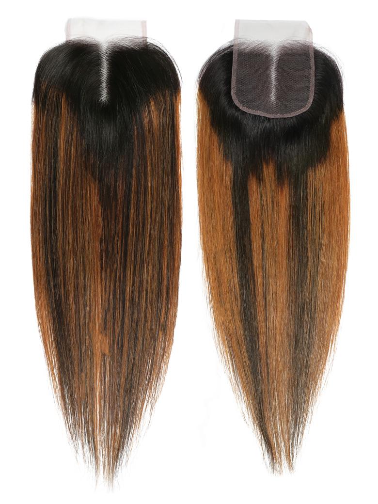 Brown Highlights Human Hair 4x4 Free Part Silky Straight Top Lace Closure Piano Color