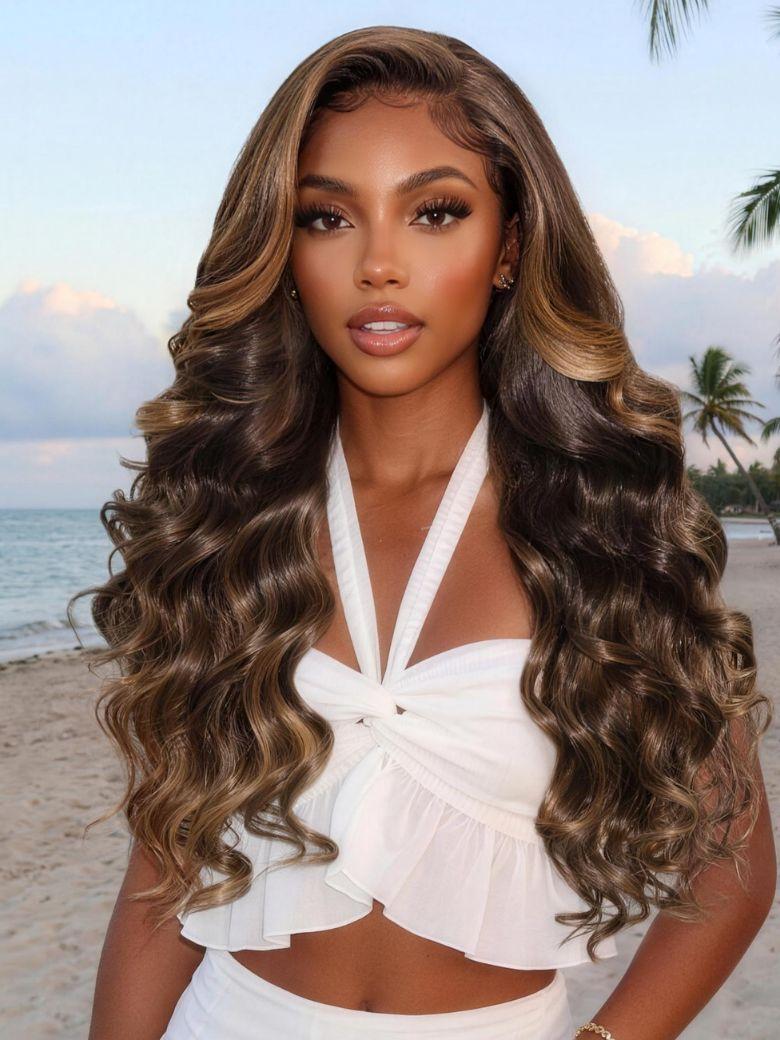 7x5 Bye Bye Slip? Lace Dark Brown to Golden Caramel Ombre Curly Glueless Wig with Invisi Drawstring
