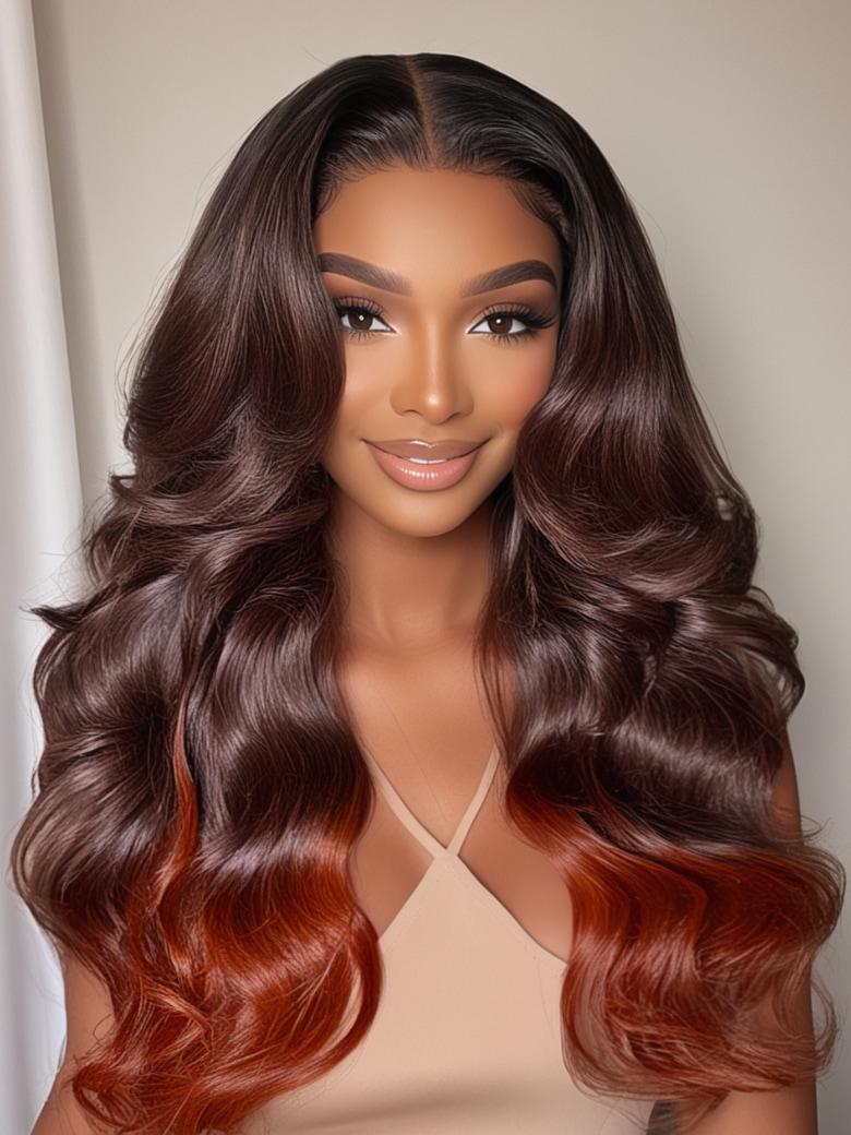 Brown to Red Ombre Loose Wave 13x4 Pre-Everything Lace Frontal Wig With Face Framing Layers
