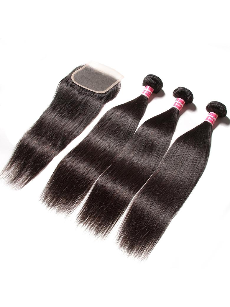 5x5 HD Invisible Lace Closure With 3Pcs Straight Human Hair Bundles