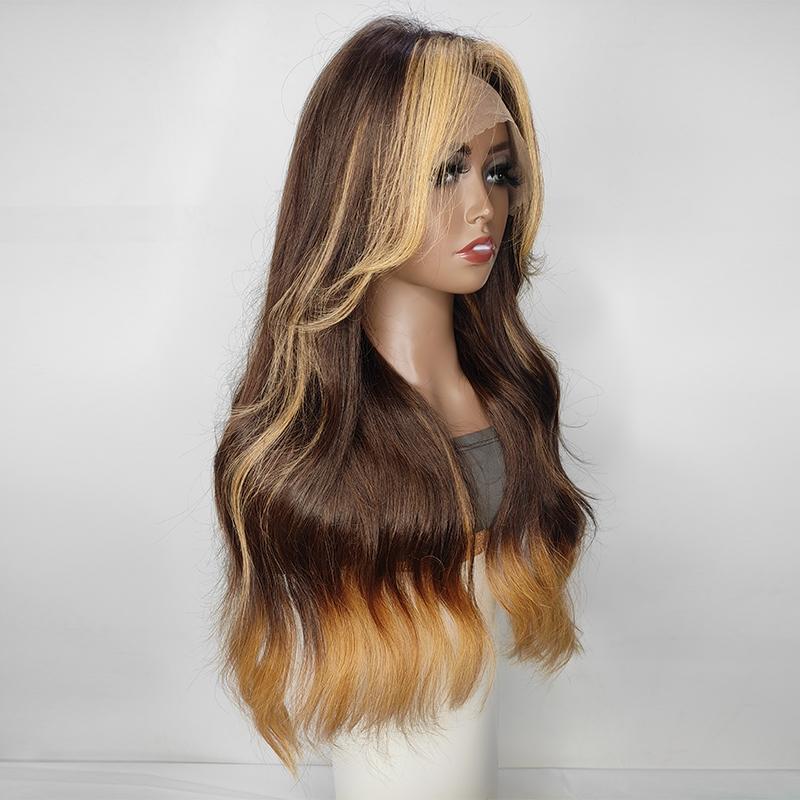 Long Wavy Curtain Bangs Brown and Blonde Ombre Body Wave 13x4 Lace Front Wigs