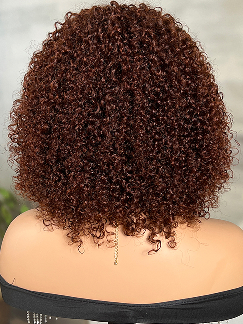 Glueless Ready To Wear Dark Auburn Short Curly Afro Wig With Bangs