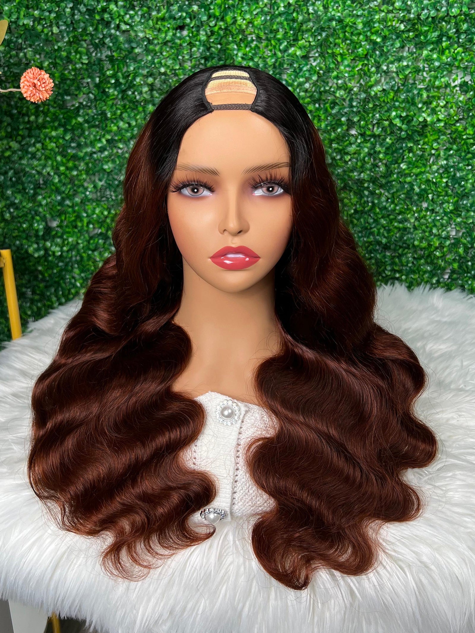 Glueless Dark Red Auburn Body Wave U Part Wig With Black Roots