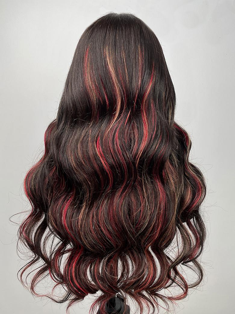 26 Inch 13x4 Lace Front Black with Red & Blonde Highlights Red And Blonde Loose Wave Wig 150% Density