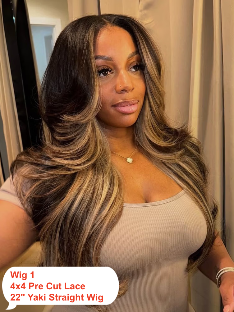 22"-30" 13x4/4x4 Ombre Chestnut Brown Yaki Straight& Burnt Orange/Black Butterfly Wolf Layered Cut Straight Wig
