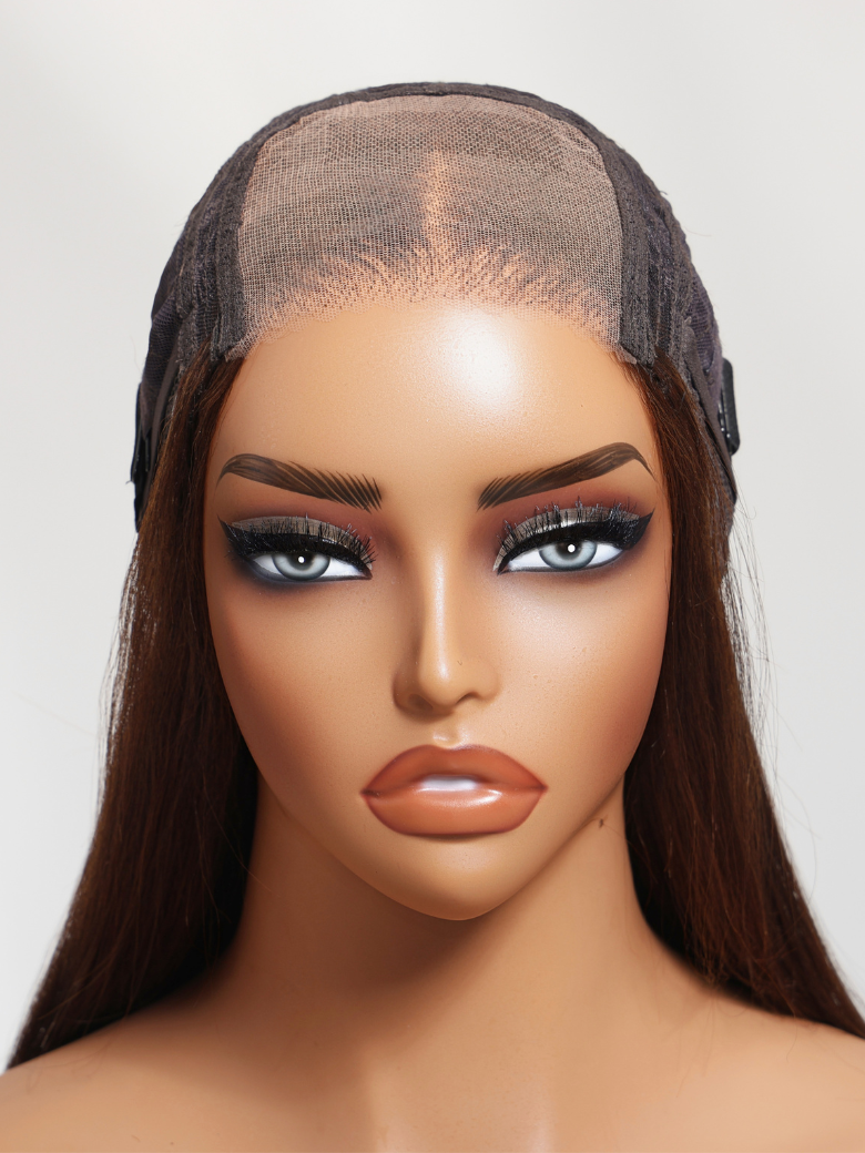 4x4 Pre-Cut Lace Chocolate Brown Yaki Straight Bye Bye Knots Glueless With Drawstring Wig