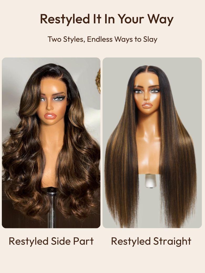 7x5 Bye Bye Knots? Wig Glueless Lace Balayage Highlight Body Wave Drawstring Curtain Bangs Wig