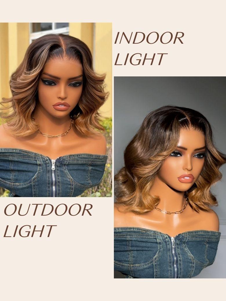 13x4 Pre-Everything? Lace Frontal Brown With Honey Blonde Face-Framing Highlights Wavy Bob Drawstring Wig