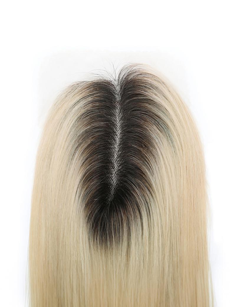 3.5x5.5 HD Lace Light Blonde Dark Roots Straight Clip On Hair Topper