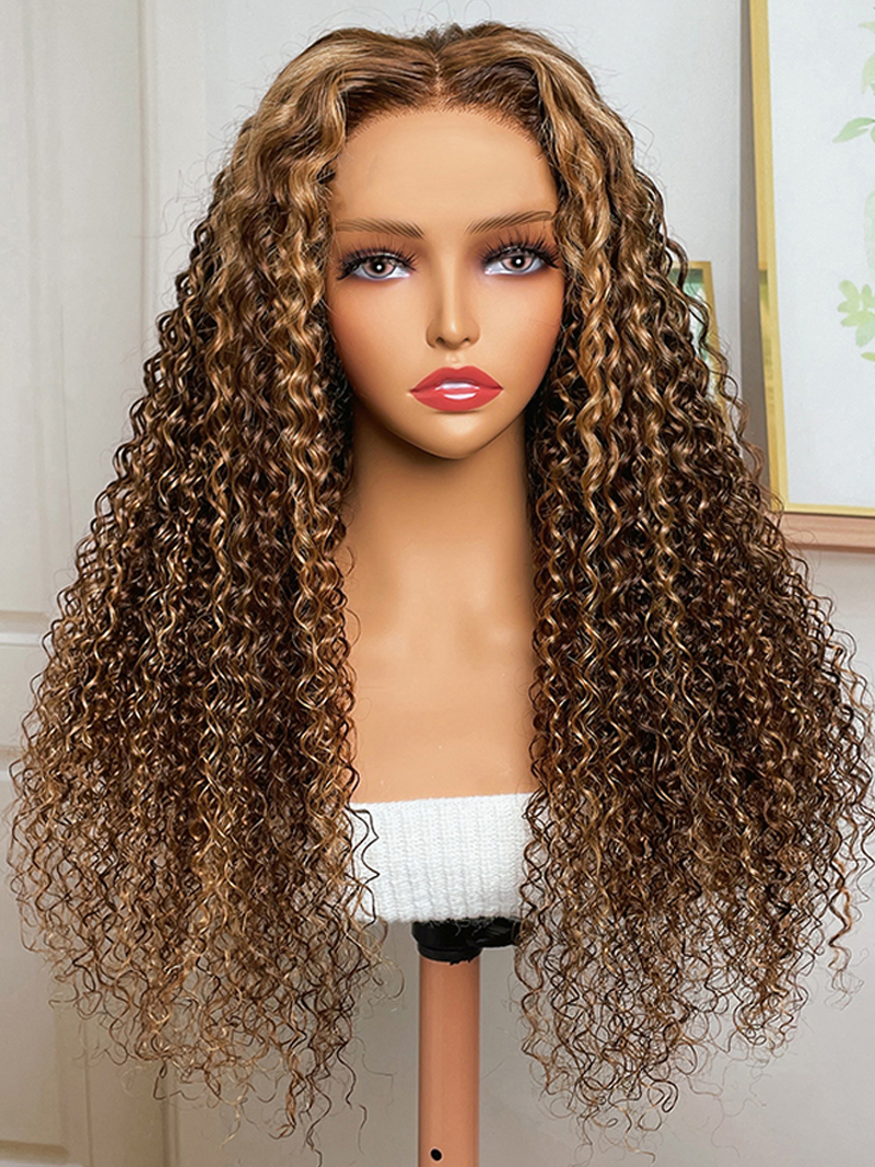 Jerry Curly 4x4 Lace Closure Honey Blonde Balayage On Brown Wig