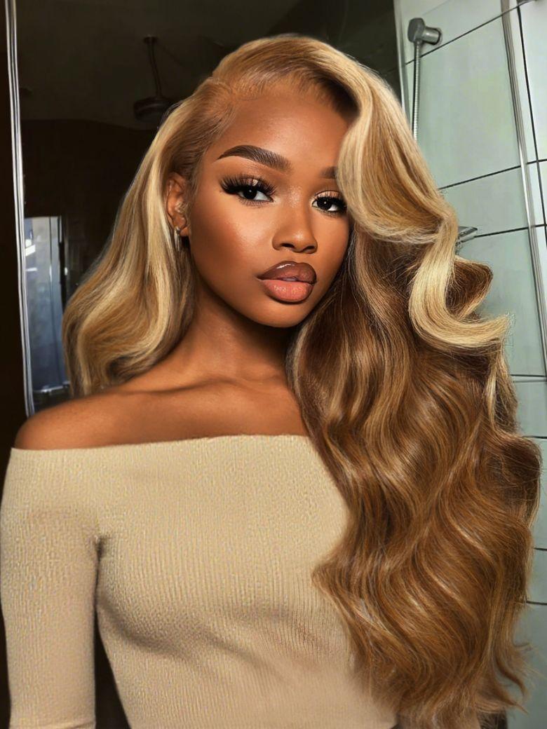 13x4 Pre-Everything? Lace Frontal Honey Blonde Highlights Fluffy Loose Wave Curtain Bangs Wig