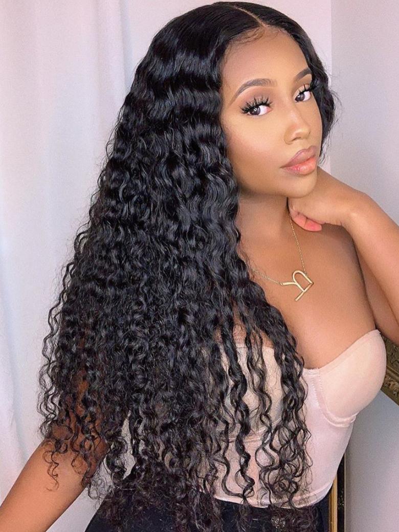 2 in 1 Dry Straight & Wet Deep Wave Hand-Tied V Part Wigs Wet And Wavy Hair Natural Black Color