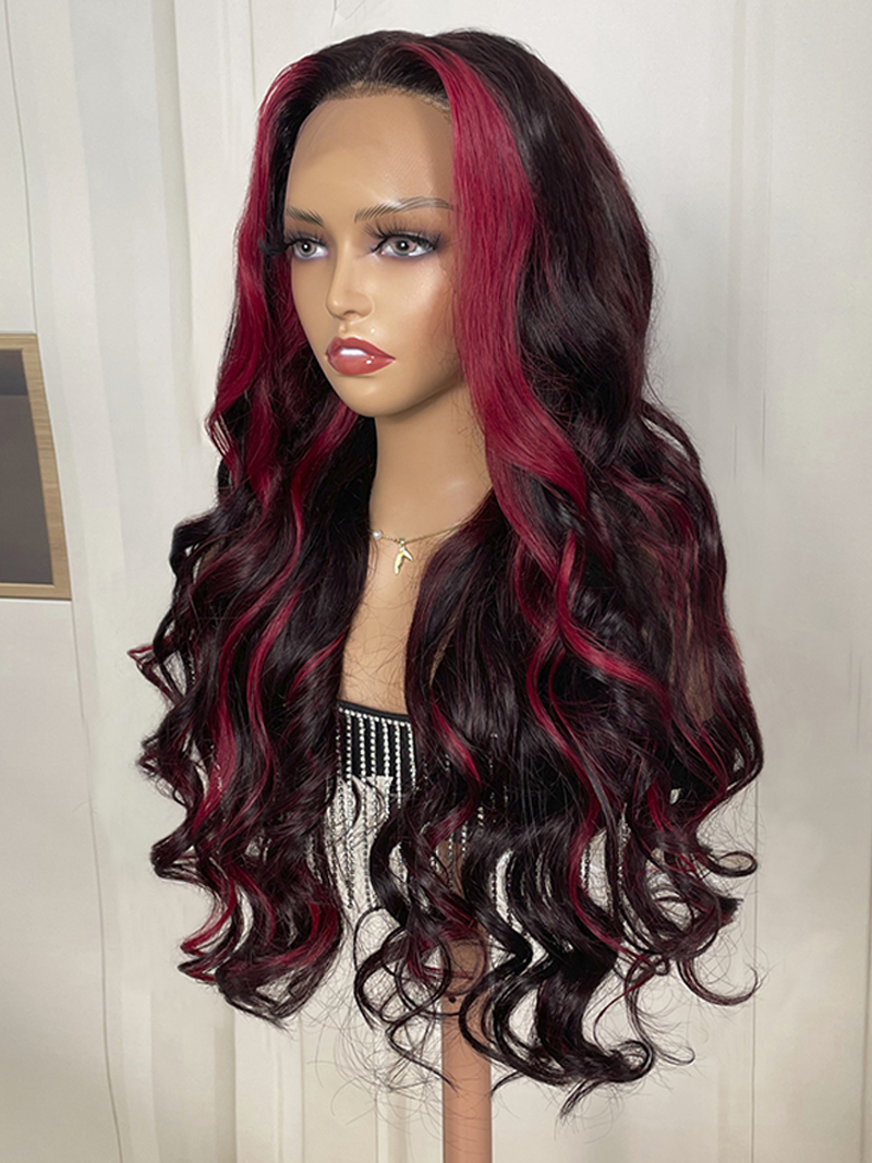 Dark Burgundy With Rose Red Highlights 13x4 Lace Front Loose Wave Human Hair Wig Brand Day Sale