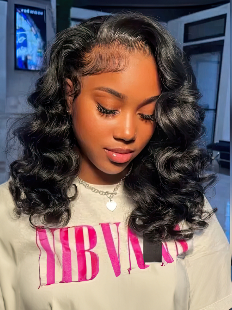 13x4 Lace Front 180% Density Hollywood Side Swept Bangs Shoulder Length Wavy Wig