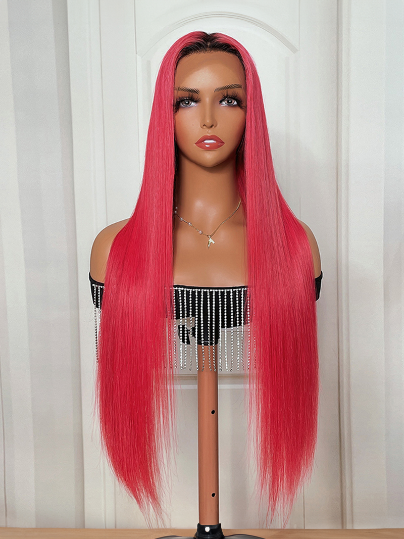 Rose Red Ombre 13x4 Lace Front Straight Wig With Dark Roots