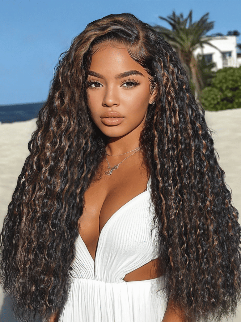 Bye-Bye Knots 7x5 Lace Water Wave Black Wig With Golden Brown Highlights & Natural Black 150% Density Perfect Beach Look for Summer