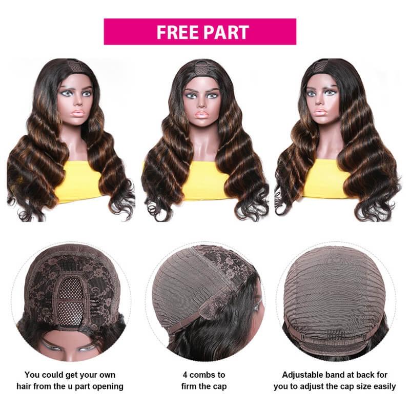 Glueless Brown Highlight U Part Body Wave Wig 3 Minutes Install