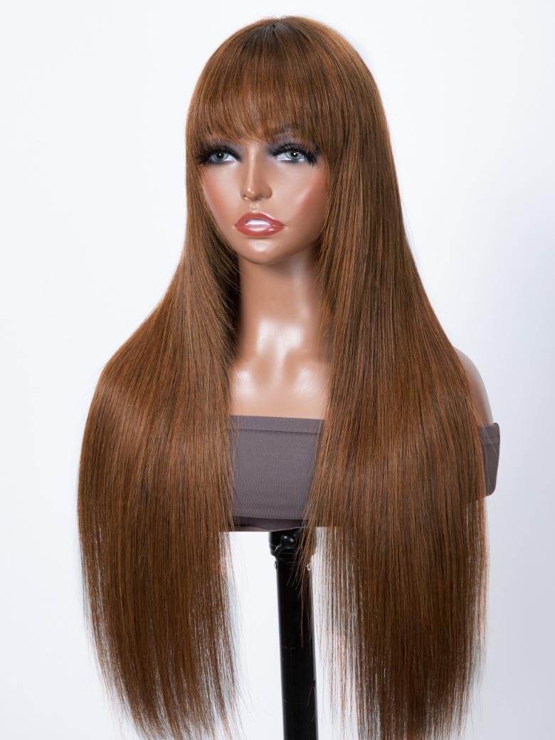 Glueless Dark Brown Hair Color Layer Cut Bang Wig Install in 5 Mins