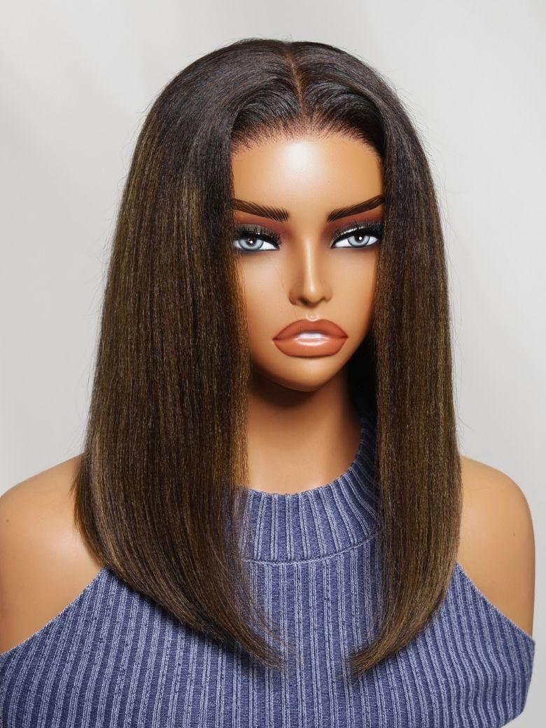 7x5 Bye Bye Slip? Lace Balayage Highlights Yaki Straight Bob Wig with Invisi Drawstring