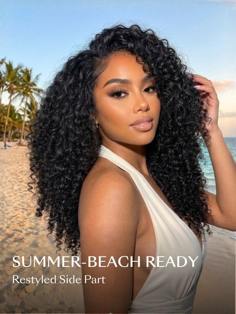 A photo collage featuring a woman wearing a curly black wig, titled "Summer-Beach Ready."Shows her on a beach with a voluminous side-parted look with all around finger coil ends for a defined, active style.