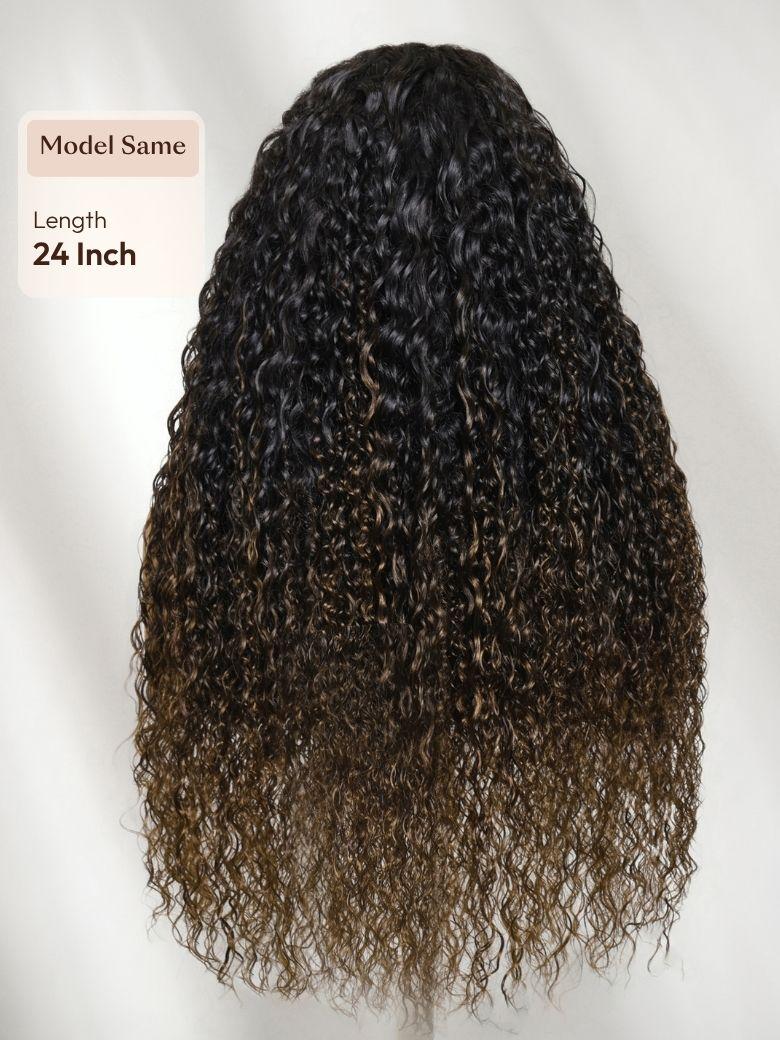 7x5 Bye Bye Slip? Glueless Lace Black to Chestnut Brown Ombre Bouncy Water Wave Curly Wig with Invisi Drawstring