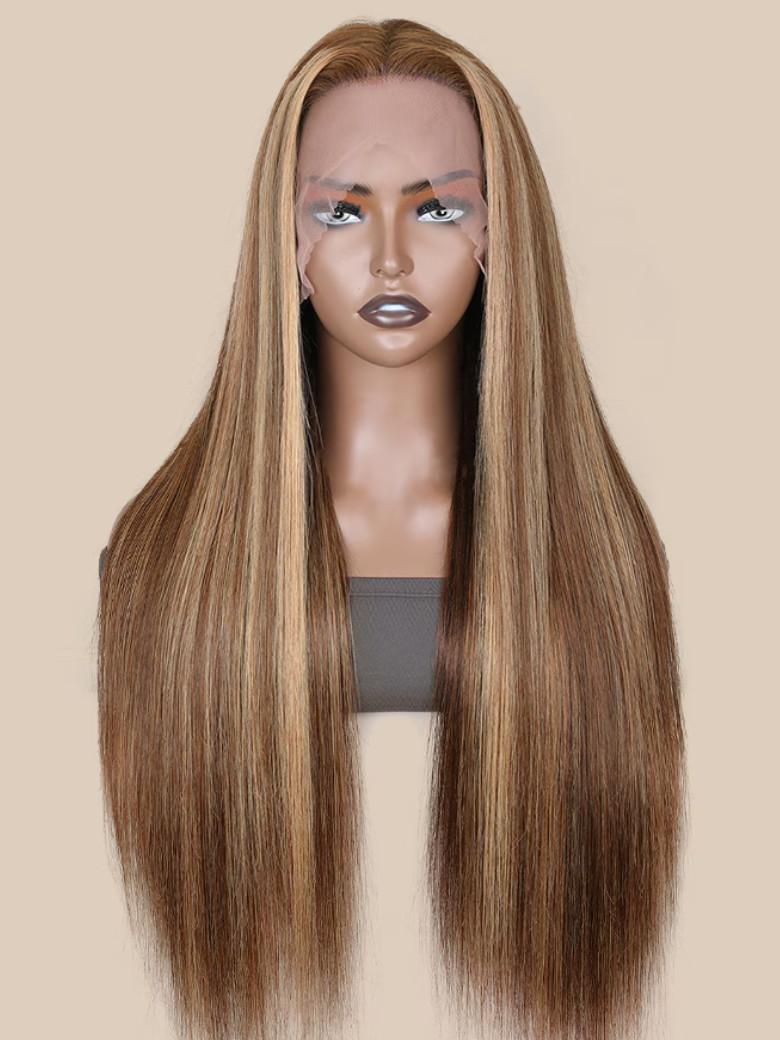 Straight Honey Blonde Highlight Lace Wigs Virgin Human Hair Wigs Pre Plucked With Baby Hair