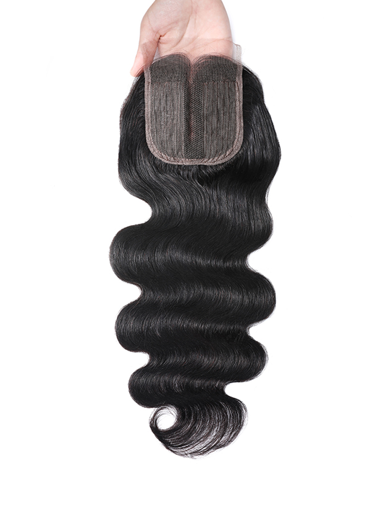 Hair Body Wave Hair Bundles with Closure 100% Unprocessed Human Hair 4 Bundles with Middle Part T Part Lace Closure Natural Color