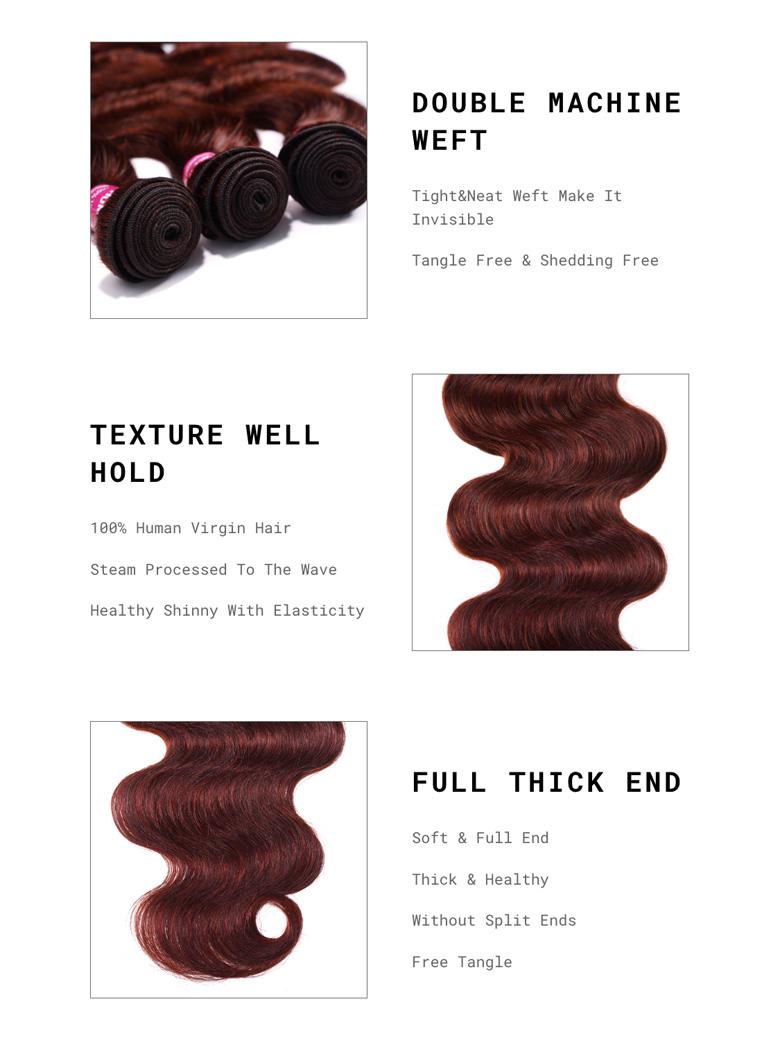 Dark Auburn Body Wave Remy Human Hair 3 Bundles With Closure Deal