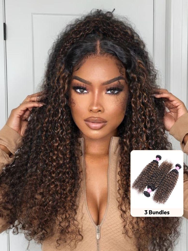 #FB30 Brown Balayage Highlight 3Pcs Jerry Curly Human Hair Bundles