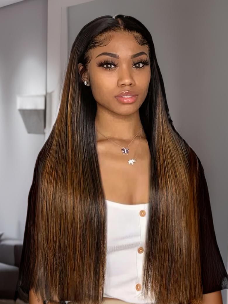 4x4 Lace Closure with 3 Bundles Straight Hair Brown Balayage Color