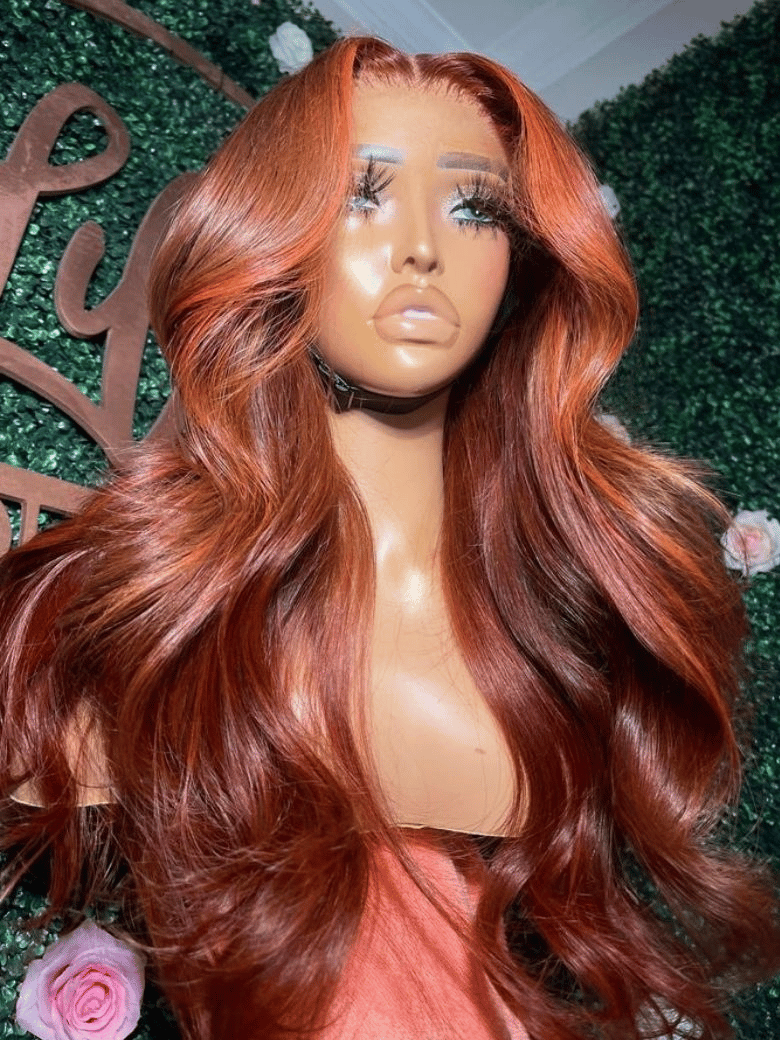 Bye-Bye Knots 7x5 Lace Loose Wave Red Orange Highlights Wig with Face Framing Layers 150% Density