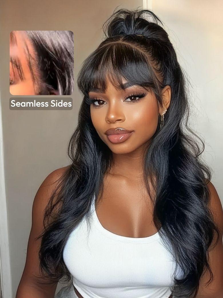 7x5 Bye-Bye Knots? & 13x4 Pre-Everything? Lace Frontal Black Fluffy Natural Loose Wave Curtain Bangs Wig