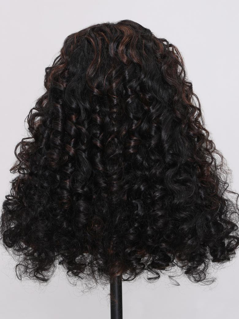(US Only) 22 Inch 7x5 Glueless Lace 180% Density Bye Bye Knots Wig Black Brown Highlights Wand Curls Wig