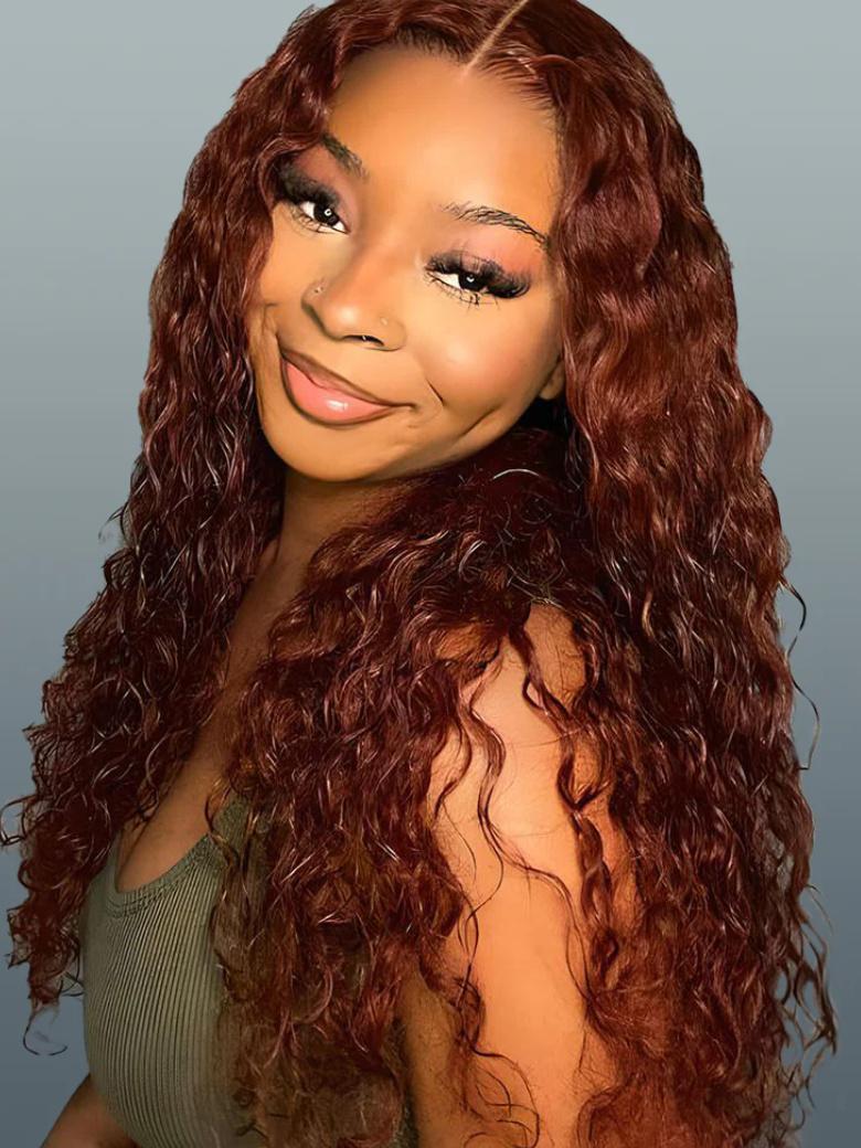 Bye-Bye Knots Wig 7x5 Lace Reddish Brown Water Wave Wig 150% Density