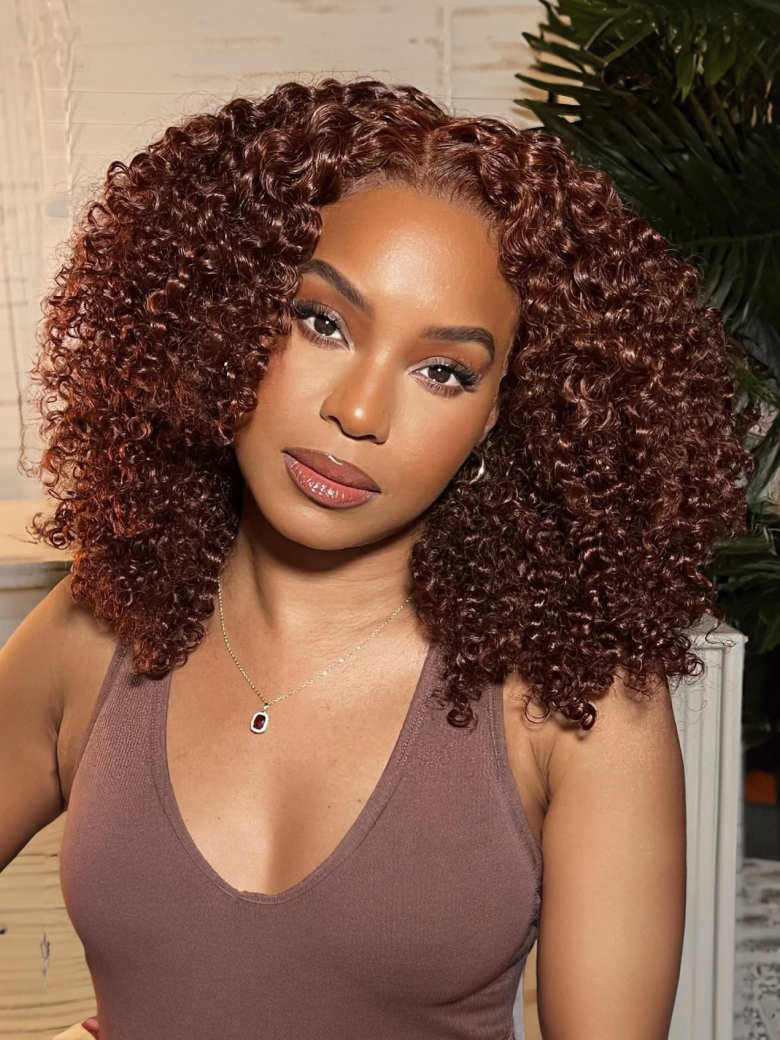 Bye-Bye Knots Lace Frontal Side Part Wig Reddish Brown Short Curly Bob Wig