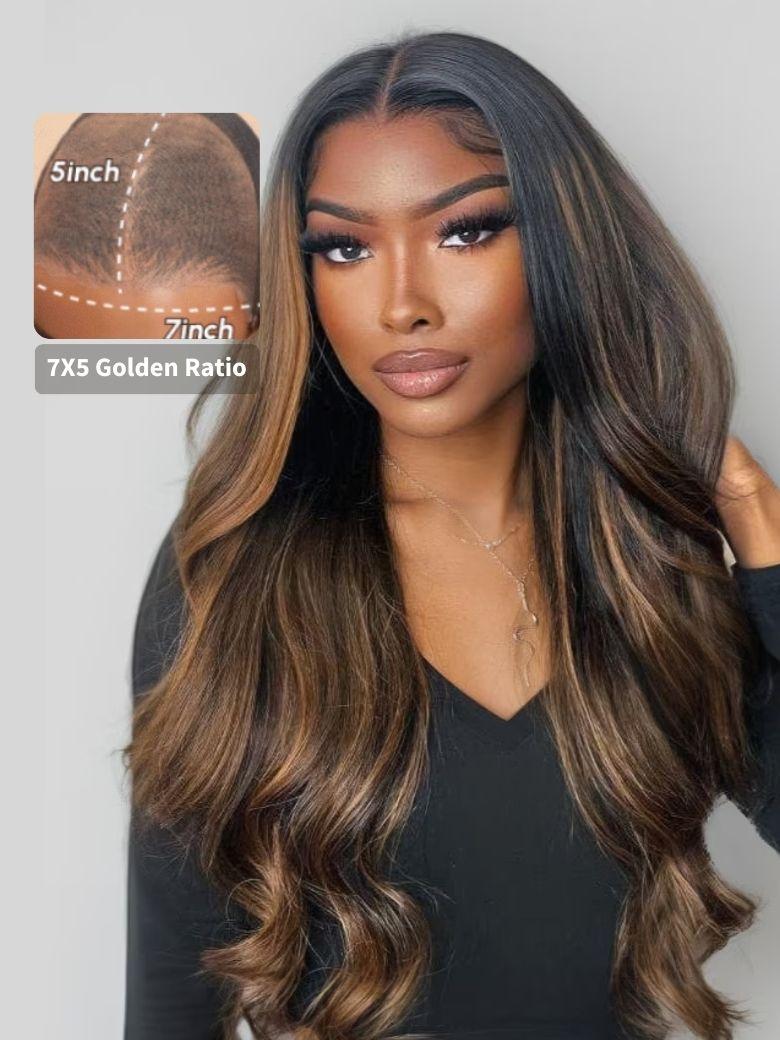 7x5 Bye Bye Knots? Glueless Lace Balayage Highlight Very Bouncy Body Wave Wig No Burden