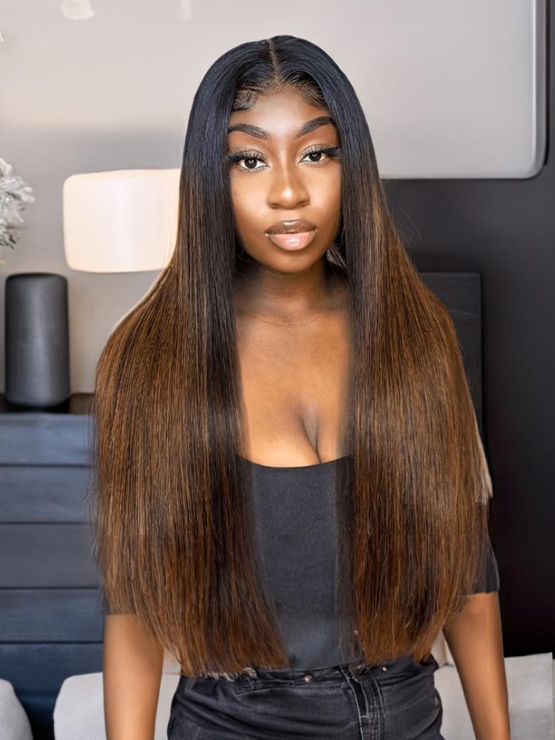 Glueless U Part Straight Wig For Beginners With Brown Highlights