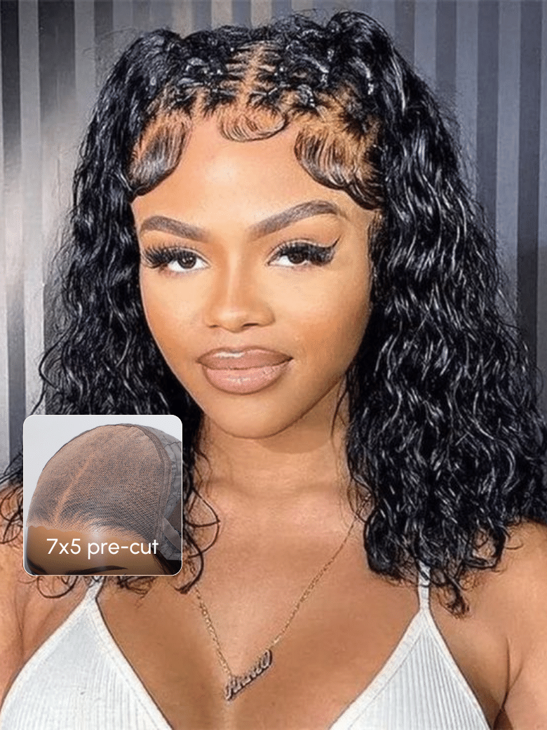 Bye Bye Knots 7x5 Pre Cut Lace Bouncy Water Wave Glueless Bob Wig 150% Density