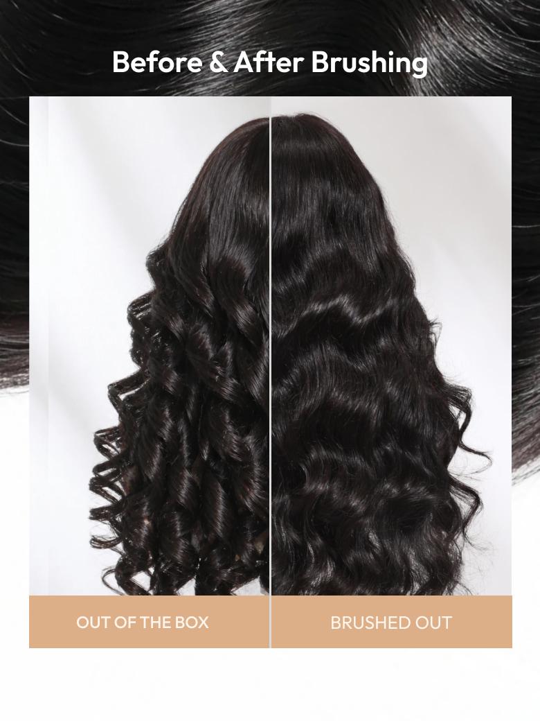 black human hair wig comparison diagram showing out of the box tight curls vs brushed out loose waves.