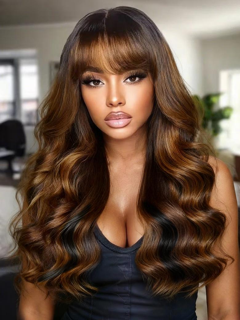 Bye-Bye Knots 13x4 Black with Brown Money Piece Natural Fluffy Loose Wave Curtain Bangs Wig