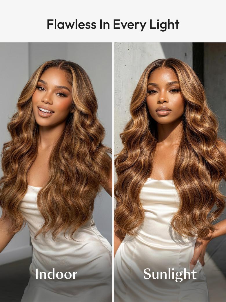 360 HD Lace Pre-plucked Luxury Raw Virgin Hair Caramel Brown With Money Piece Highlights Body Wave Wig