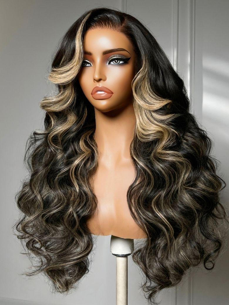 7x5 Bye Bye Slip? Lace Black With Blonde Face-Framing Highlights Body Wave Wig with Side Part Bangs