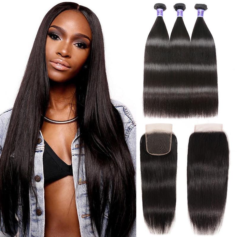 Brazilian Straight Virgin Hair 3 Bundles With Lace Closure Kysiss Series