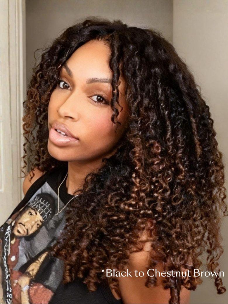Black to Chestnut Brown Ombre Bye-Bye Knots? 7x5 Lace Drawstring Glueless Curly Wig With Defined Finger Coil Ends Wig
