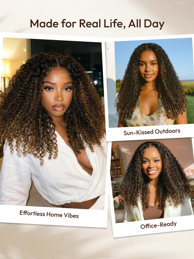 EasiContour? V Part Black to Chestnut Brown Jerry Curly Drawstring Wig 150% Density Protect Your Natural Hair