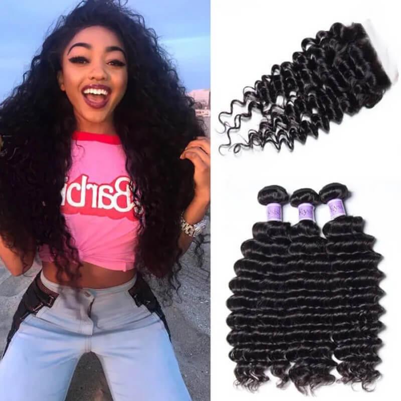 Malaysian Quality 3pcs Deep Wave Hair With Lace Closure Kysiss Series