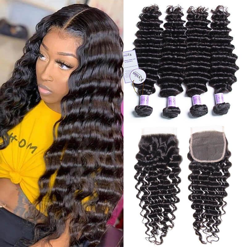 Peruvian 4 Bundles Deep Wave Virgin Hair With Lace Closure Kysiss Series