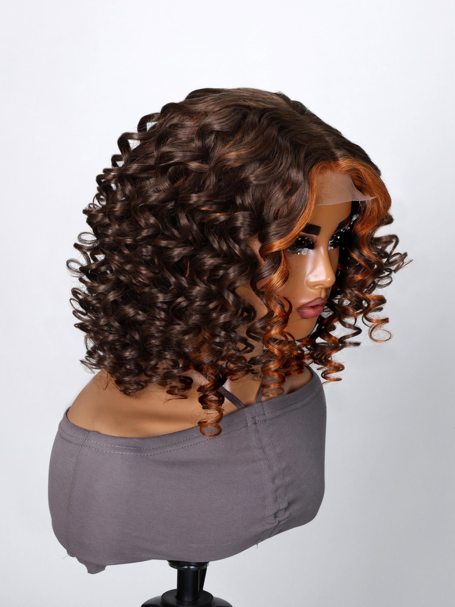 4x0.75 Lace Front Light Mocha Short Wig With Ringlets Swept Bangs And Ginger Highlights